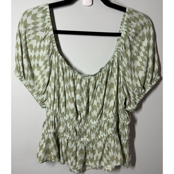 SO Womens Green Checkered Ruffle Double Cinched Waist Top XL Peasant Cottagecore - Picture 2 of 13